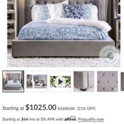 Rosabelle Gray Queen Upholstered Panel Bed Frame