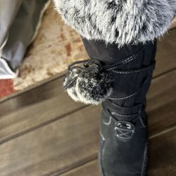 Suede Boots With  Fur Trim At Top. Cute Fur Balls On The End Of Ties.