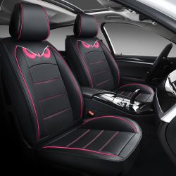 PTOWL Cartoon FULL Set Universal Fit Leather Car Seat Covers Black & Rose