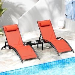 3 pcs Poolchairs Patio Chaise Lounge Set with Headrest 5-Level Adjustable Sunbathing Tanning Poolside Recliner Chairs with Side Table for Outdoor Beac