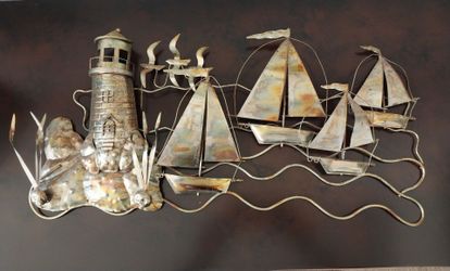 Metal Wall Art Home Decor Sailboats, Lighthouse Sea Gulls Patina  21"x11"