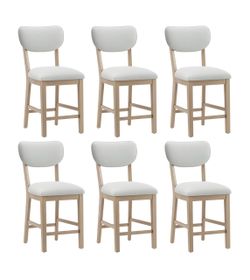Solid Wood Counter Height Bar Stools Set of 6 for Kitchen Island, 3.5" Thick Beige Upholstered Farmhouse Barstools with High Backrest and Nailhead Tri