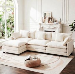 White  Beige Modular Cloud Sectional Sofa with Chaise