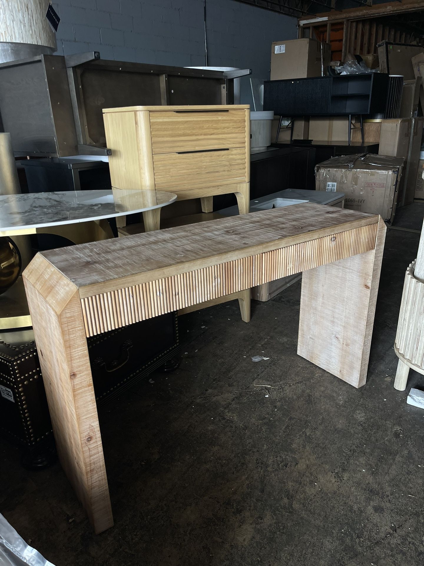 Rustic Wooden Minimalist Console Table with 2 Drawers, Ribbed/ Fluted, Natural Finish