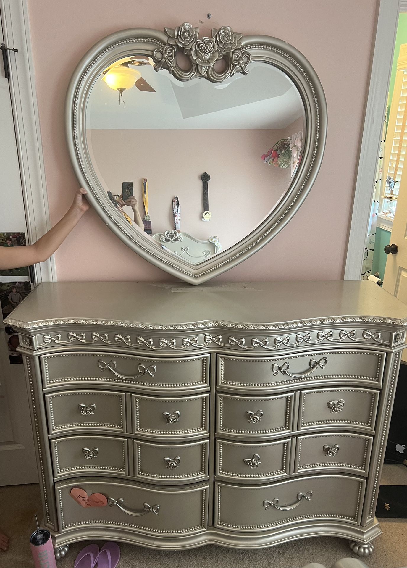 disney princess dresser heart mirror set Disney Princess Fairytale Silver Gray 8 Drawer Dresser & Heart Mirror Set
