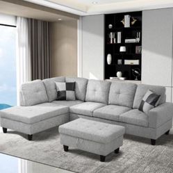 Brand New Light Gray Linen/tweed Sectional Sofa With Storage Ottoman 