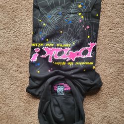 Black And Pink Spider Hoodie Size Medium 100% Cotton Stars Pattern
