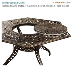 Oakland Living Outdoor Aluminum 63” Hexagon Table, Lazy Susan dimensions: 24" diameter. Bronze