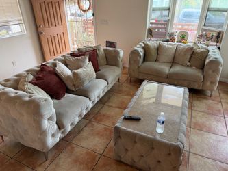 Tufted Sofa Set with Ottoman – 3 Piece