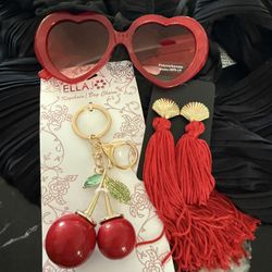 Red Heart ♥️ Sunglasses/Cherry Keychain/Earrings 