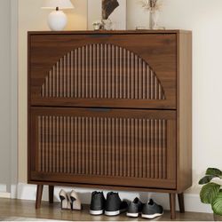 Walnut Brown Shoe Storage with 2 Flip Drawers