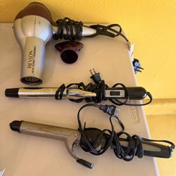 Revlon 1875 Ionic Ceramic hair dryer alongside two Vidal Sassoon curling irons On Sale $12 Each 