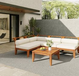 Assembled New Outdoor 5 Pieces Patio Furniture Set Sectional Sofa Set w/ Coffee Table Acacia Wood