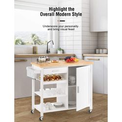 Rolling Kitchen Island with Wheels, Microwave Cart with Drawer and Storage Cabinet for Kitchen, White