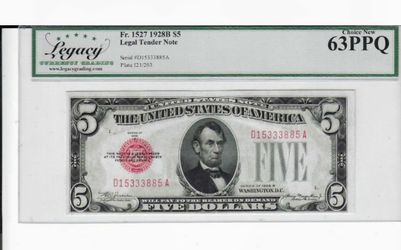 1928 5 Dollar Red Seal Legal Tender Legacy Grading 63 Ppq