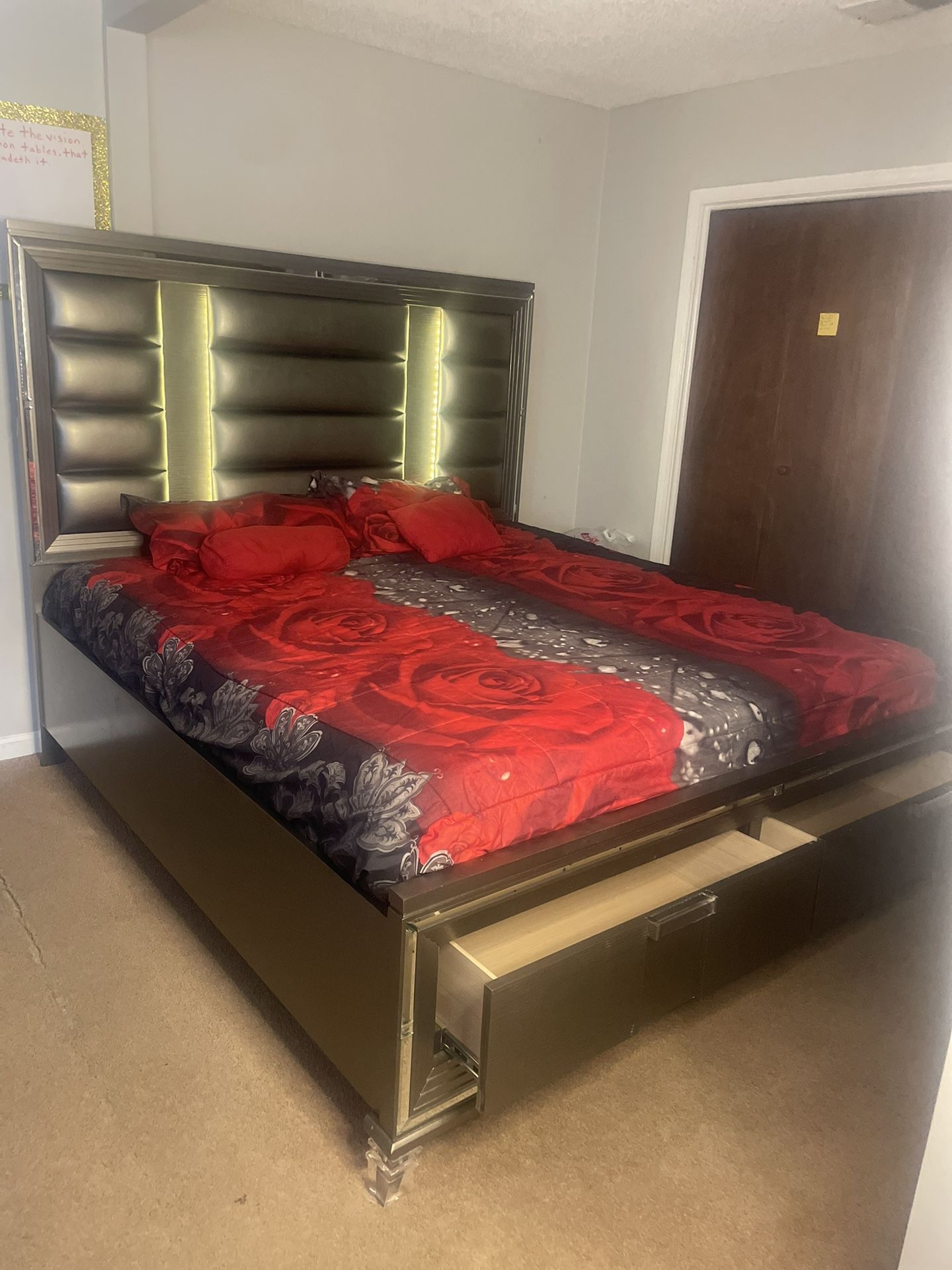 King Size Bed With Mattress Included With Matching Dresser LED Lights Installed In Both