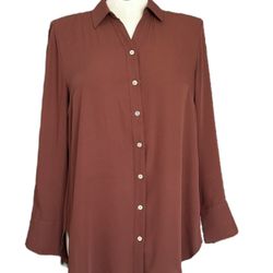 Chico's Women's Brown Pleated Details Button Closure Long Sleeve Shirt Size L