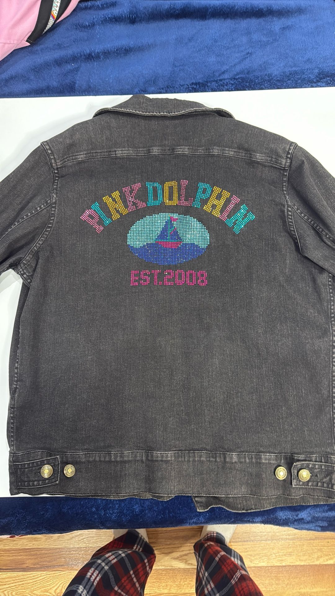 😱Pink Dolphin Vintage Denim Trucker Jacket Unisex M Blue Rhinestone🙈