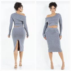 Grey Off Shoulder Knit Skirt Set