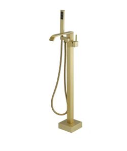 BWE Single-Handle Floor Mount Freestanding Bathtub Faucet Waterfall Tub Filler with Handheld Shower in Brushed Gold