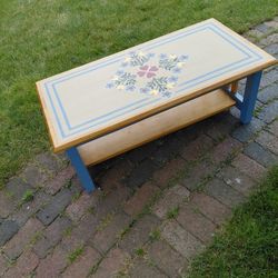 Handpainted modern folk art rectangular wooden table with shelf - 20" x 40"