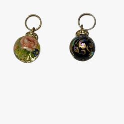 Vintage Glass Ball Charm Pendant Floral Black Gold Jewelry Pre Owned