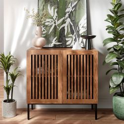 Storage Cabinet, Modern Coffee Bar with Adjustable Shelf and Metal Base, 32 Inch Wood Multifunction
