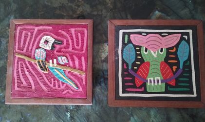 2 Panamanian Vintage Framed Mola Artwork