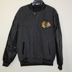 Mens Chicago Blackhawks JH Design Wool/ Leather Snap Up Reversible Jacket Size Medium 