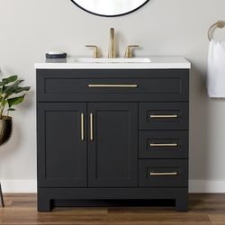 Bathroom Vanity Single Sink Black with White Cultured Marble Top 36" - Style Selections - Cauley
