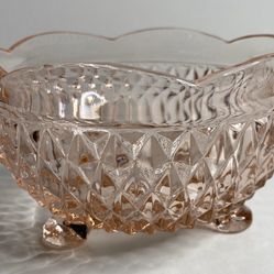 Vintage Depression Glass Pink Diamond Cut Footed Candy Nut Bowl Dish 5 X 3”