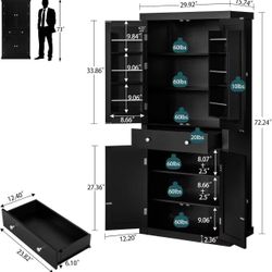 🥨72” Kitchen Pantry Cabinet, Tall Storage Cabinet with 4 Doors and 1 Drawer, Freestanding Cupboard with 6 Hanging Shelves and Adjustable Shelves 