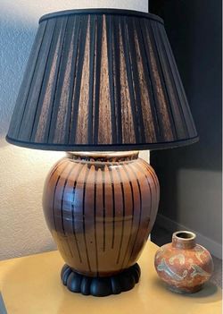 Vintage 19th Century Japanese Ceramic Drip Glazed Chocolate Lamp With Original Silk Lampshade
