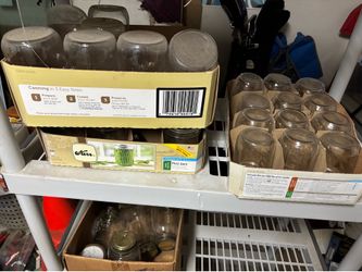 30 plus new jars and canning items, jar storage