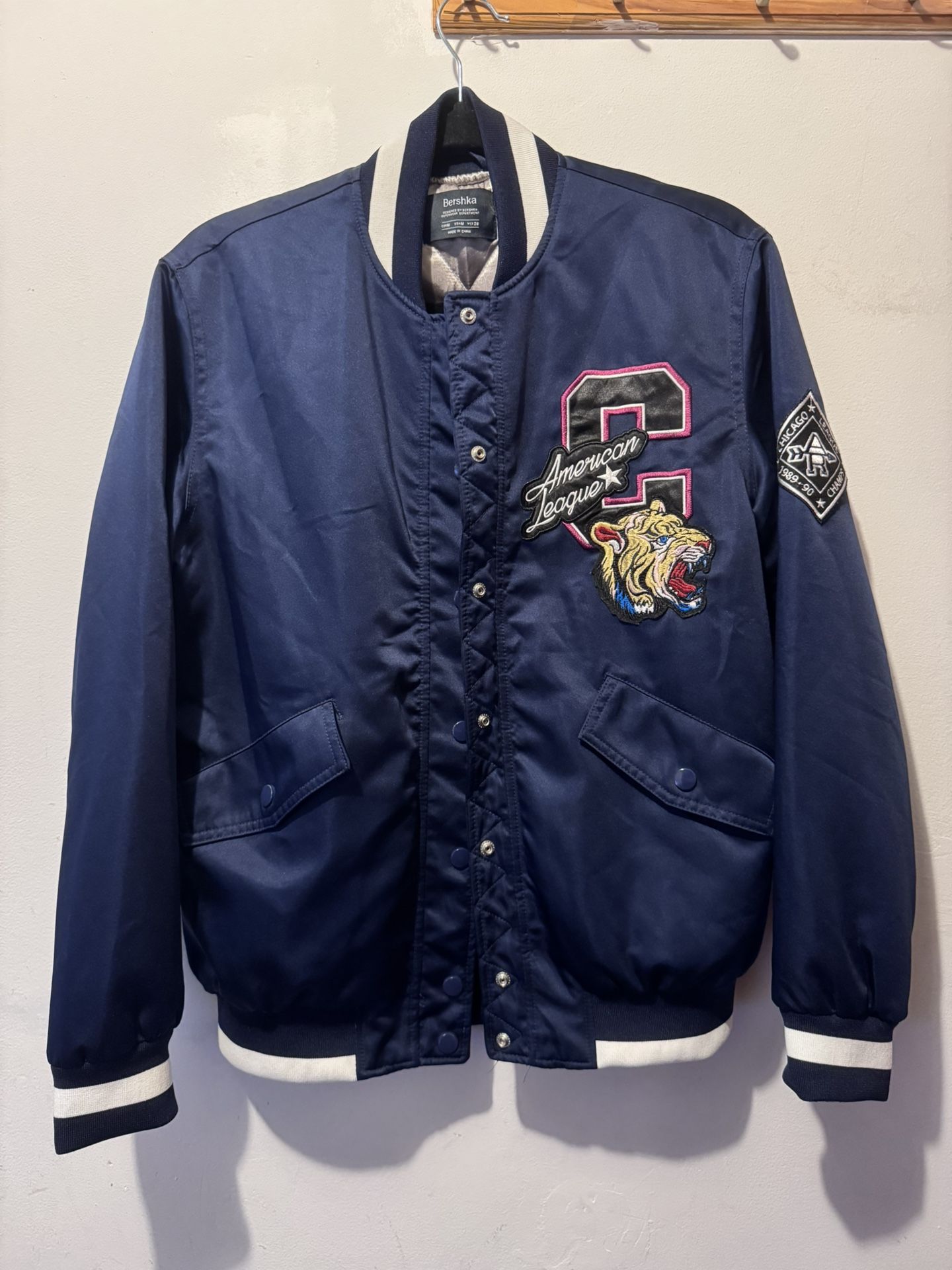 Blue Bomber Jacket with Embroidered Patches