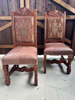 Like New Pair of Southwest Style Rustic Distressed Rich Leather Seats Side Dining Chairs