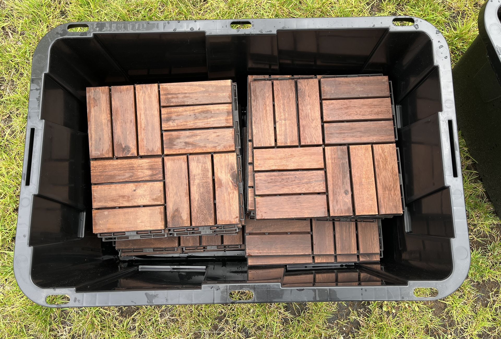IKEA Runnen Patio Tiles (QTY 45) and 2 Storage Bins