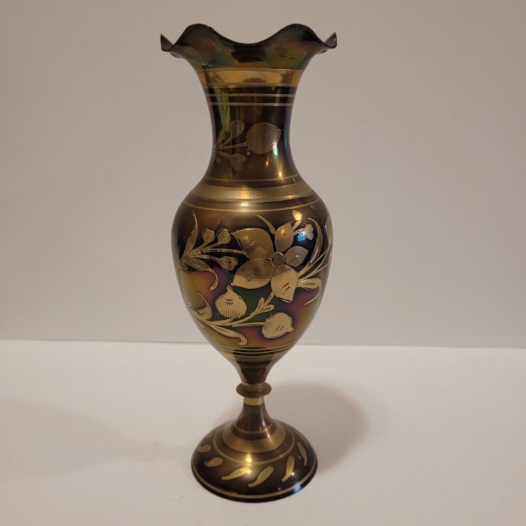 Vintage Brass Vase Etched Flowers India