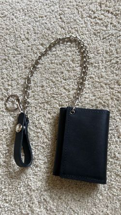 Black Thick Leather Trifold Wallet with Chain