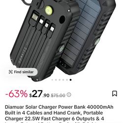 Diamuar Solar Charger Power Bank 40000mAh Built in 4 Cables and Hand Crank (Black)