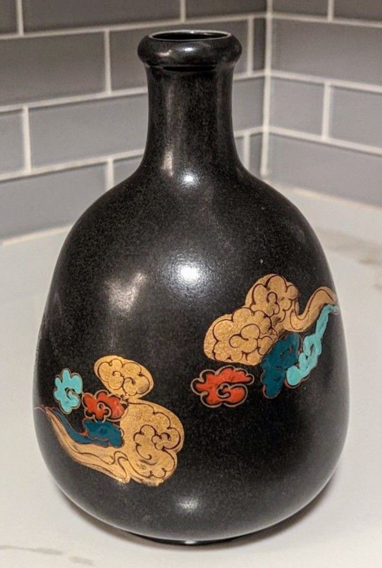 Vintage Asian Japanese Sake Bottle Vase Black Porcelain with Gold Red Blue Green Cloud Details