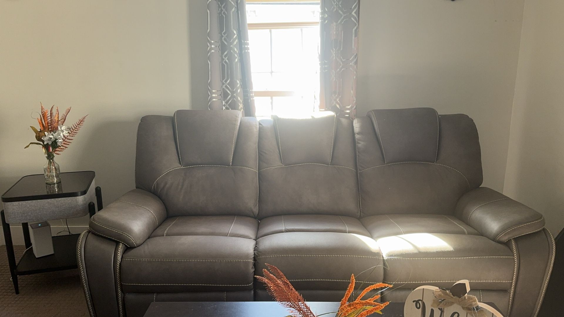 Grey Leather Recliner Couches And Blue Tooth Wireless Tables