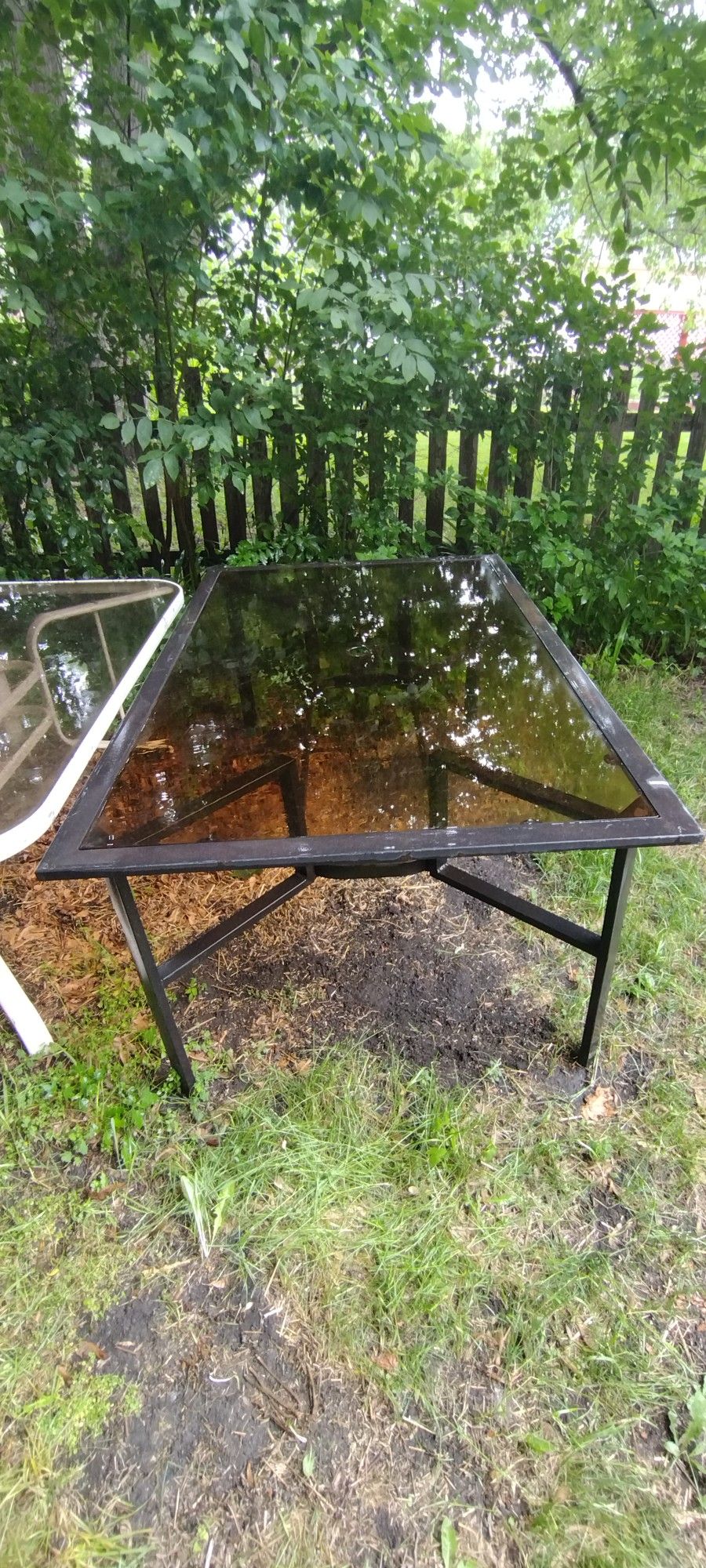 Wrought Iron Patio Furniture, 6 Swivels & Table w/ Tinted Glass.