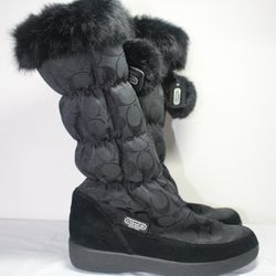Coach Women’s Black Theona Signature Jacquard Rabbit Fur Boots Size 7