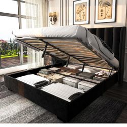 knoworld Queen Size Lift Up Storage Bed Frame with 51" Tall Headboard, Upholstered Velvet Wingback Tufted Design, Wood Slats Support, No Box Spring Re