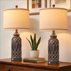 26" Table Lamps Set of 2 Touch Control Resin with USB Charge Dimmable