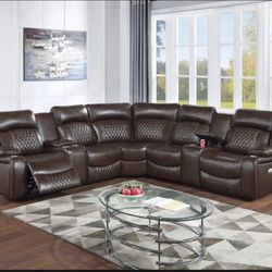 Brand New Power Reclining Plush Brown Leather Sectional Sofa 
