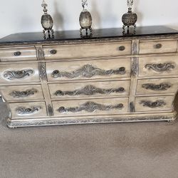 SET OF 2. DISTRESSED ANTIQUE OLD WORLD EUROPEAN STYLE DRESSER AND CHINA CURIO CABINET 