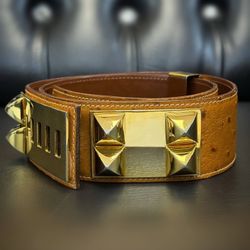 Vintage Hermès Medor Ostrich Collier De Chien Cognac Brown Belt