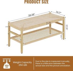 Recaceik Indoor Entryway Bench with Paper Cord Ottoman & Grid Storage Rack, Mid-Century Long Bench with Rubber Wood Legs, French Vanity End Bed Bench 